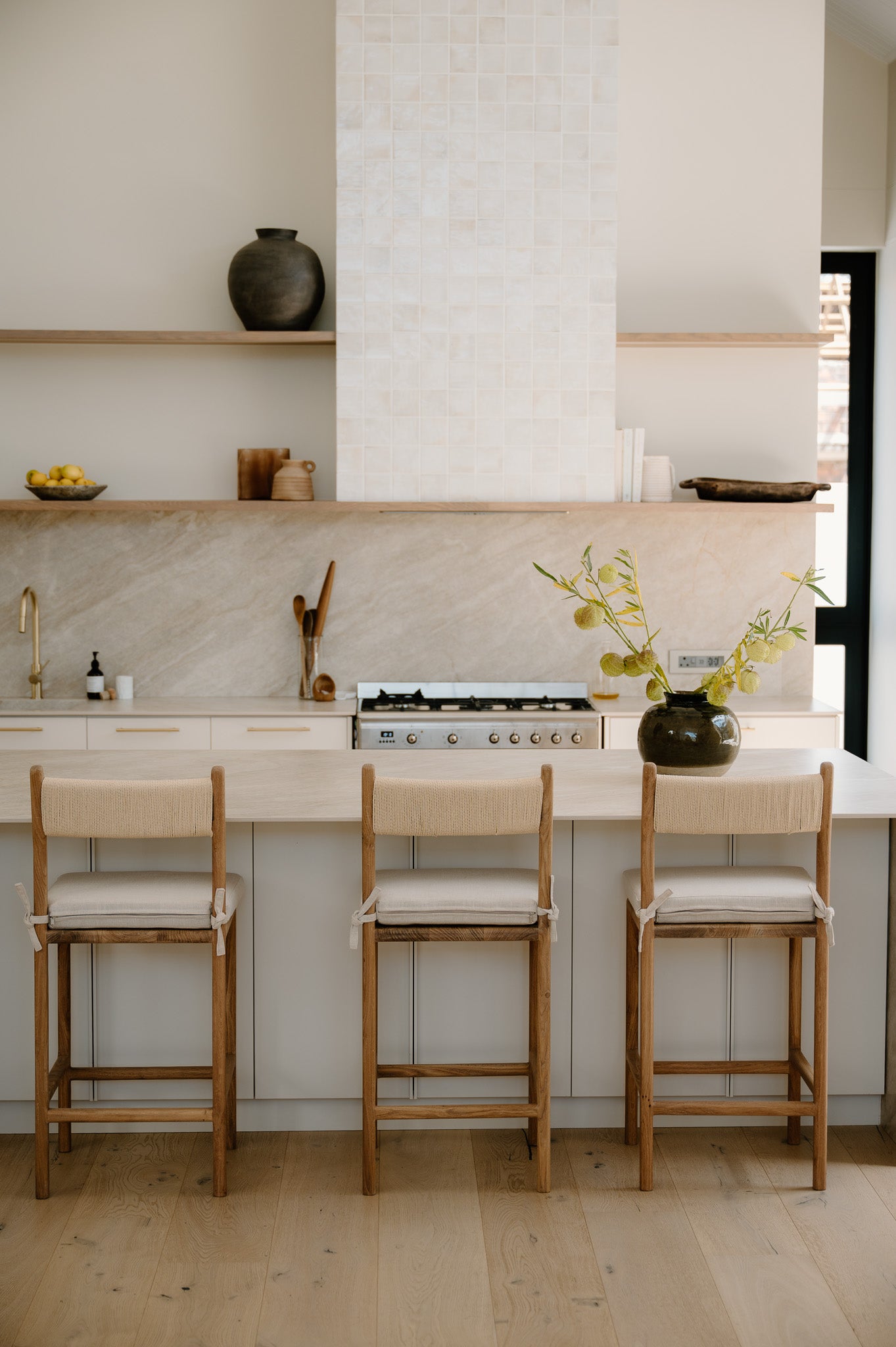 Nara Solid Oak Counter Stool - Photo of them in a kitchen